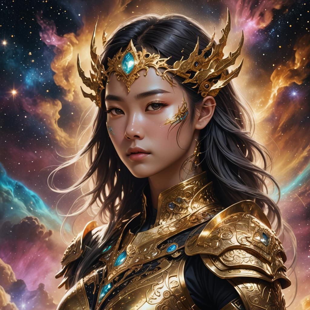 Golden Armored Fantasy Character in Nebula Sky
