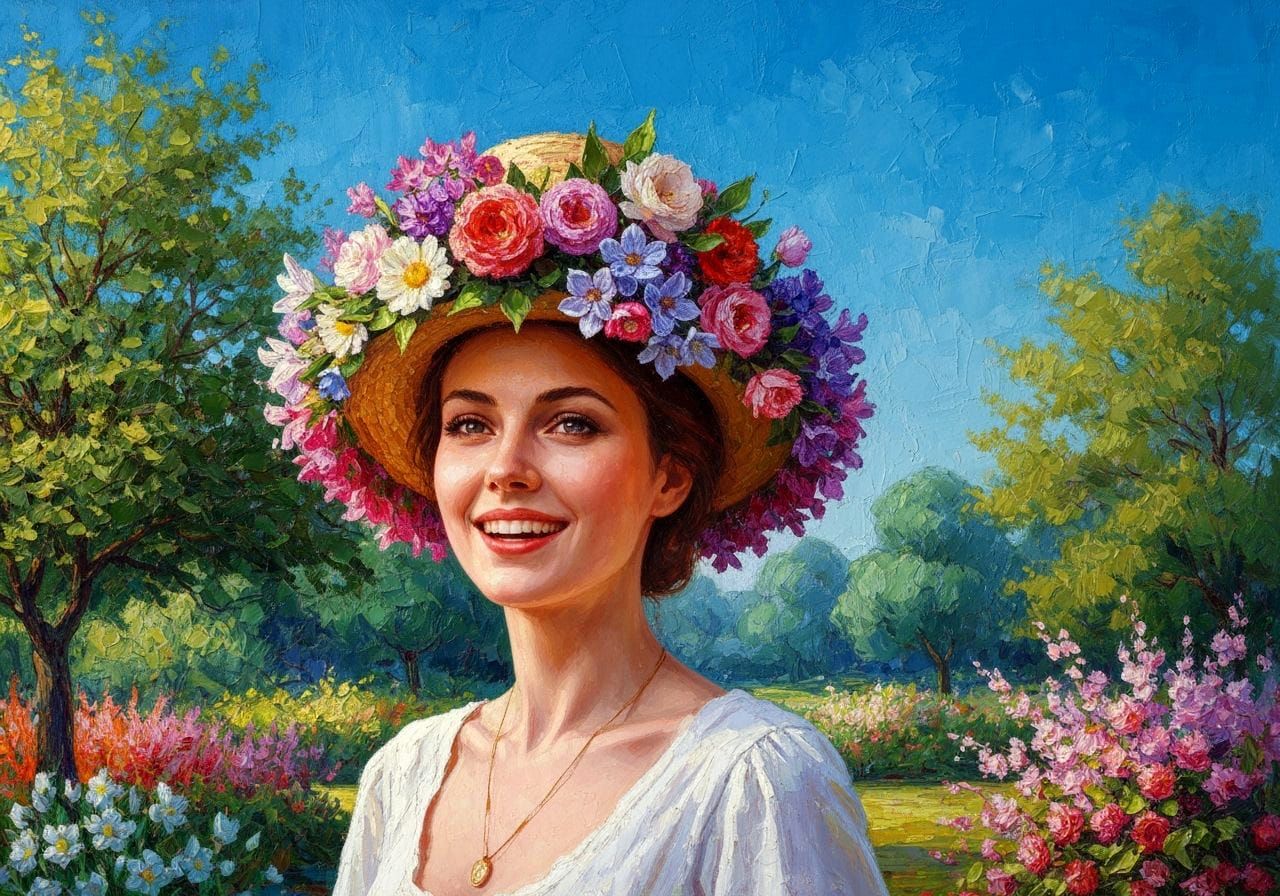 Woman in Garden with Vibrant Flower Hat