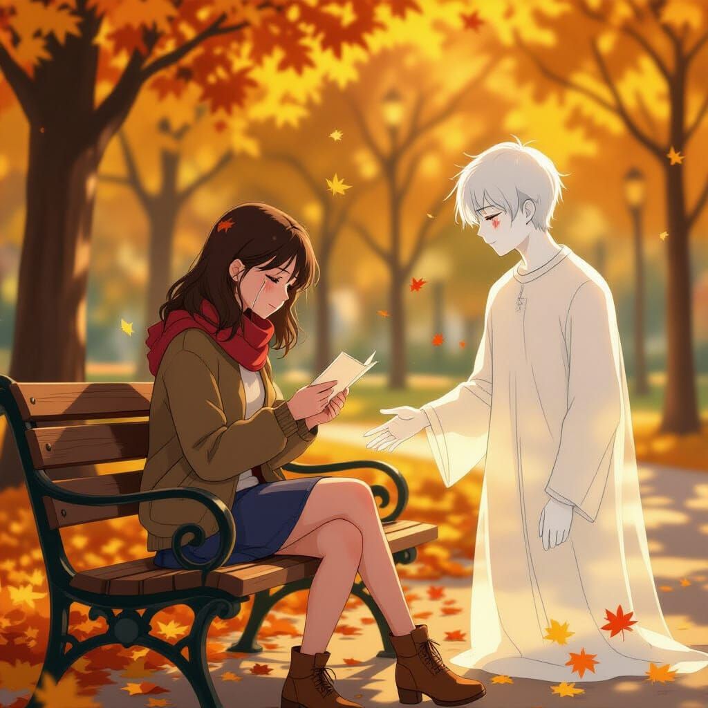 Sorrowful Woman Reads Letter From Late Boyfriend in Park