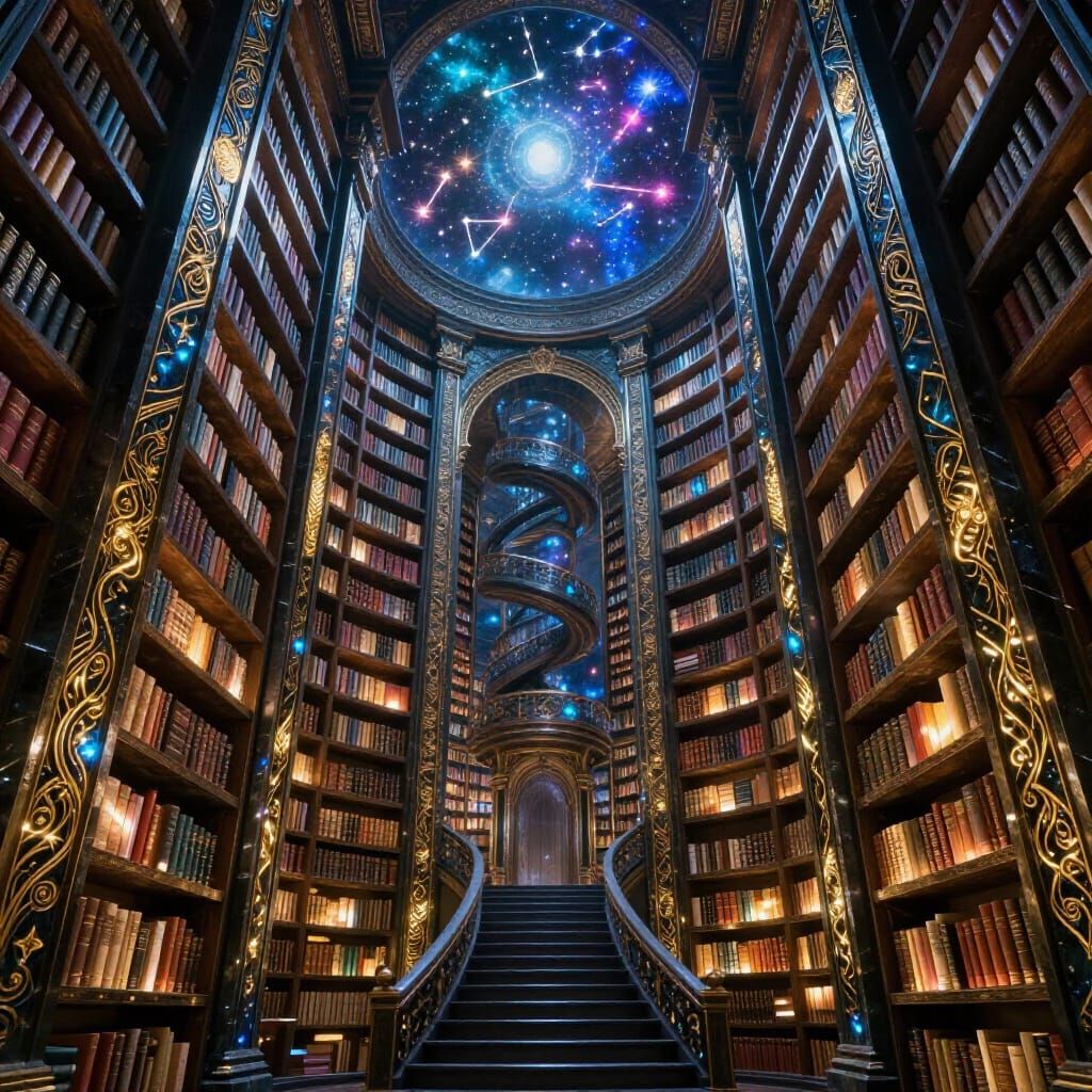 Ancient Obsidian Library with Glowing Books and Celestial Ce...