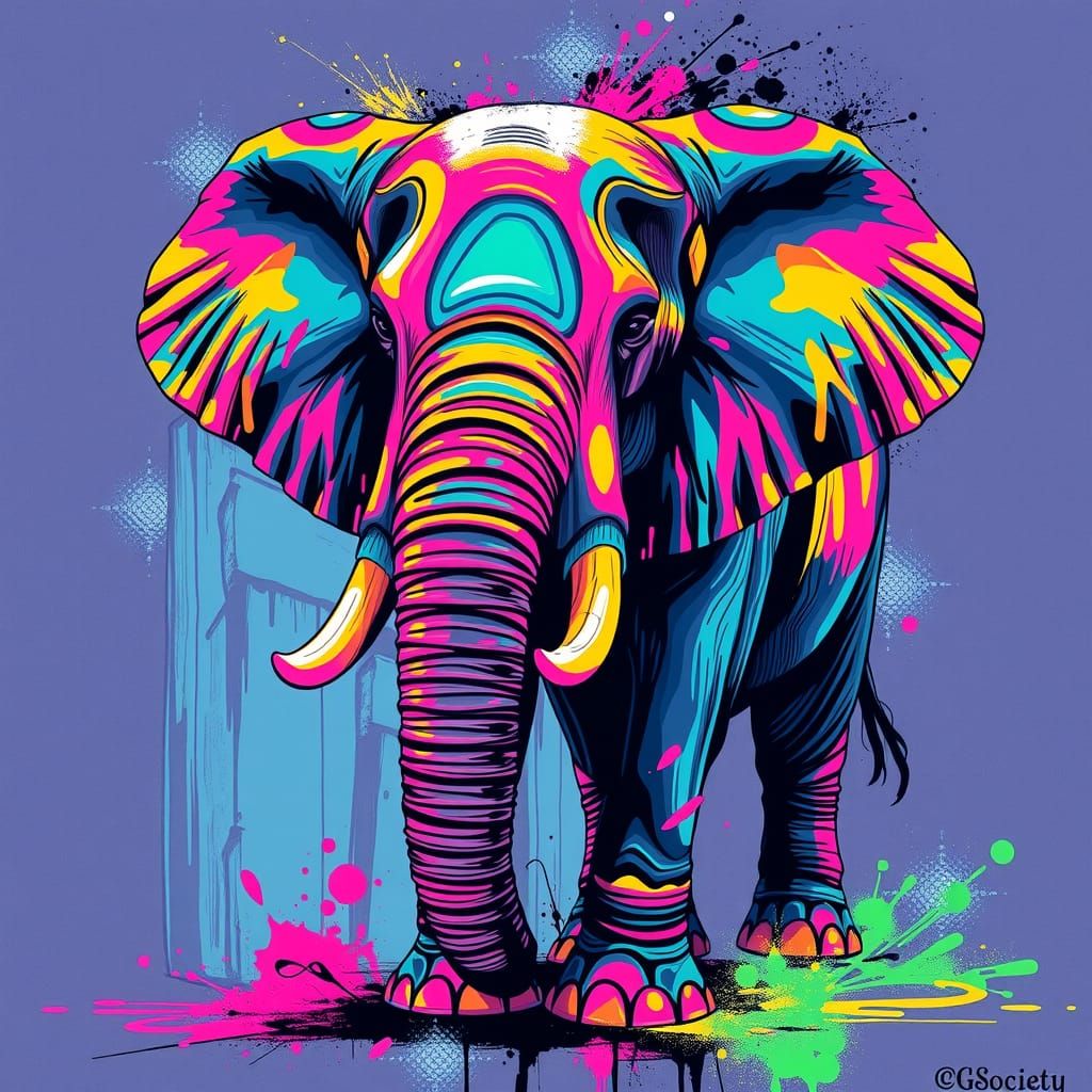Synthwave Elephant Graffiti Art in Neon Retro Style