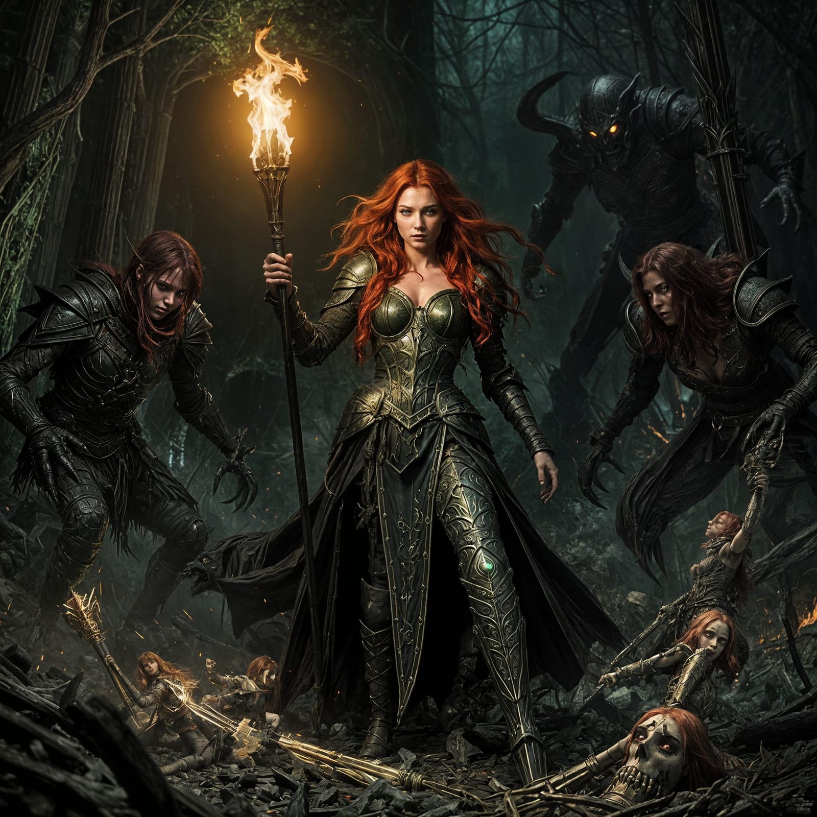 Red-Haired Sorceress with Torch in Dark Dungeon
