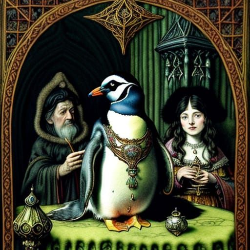 Regal Penguin Lute Player in Medieval Tavern Scene