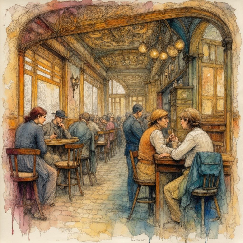 19th Century Viennese Cafe in Expressive Mixed Media Sketch