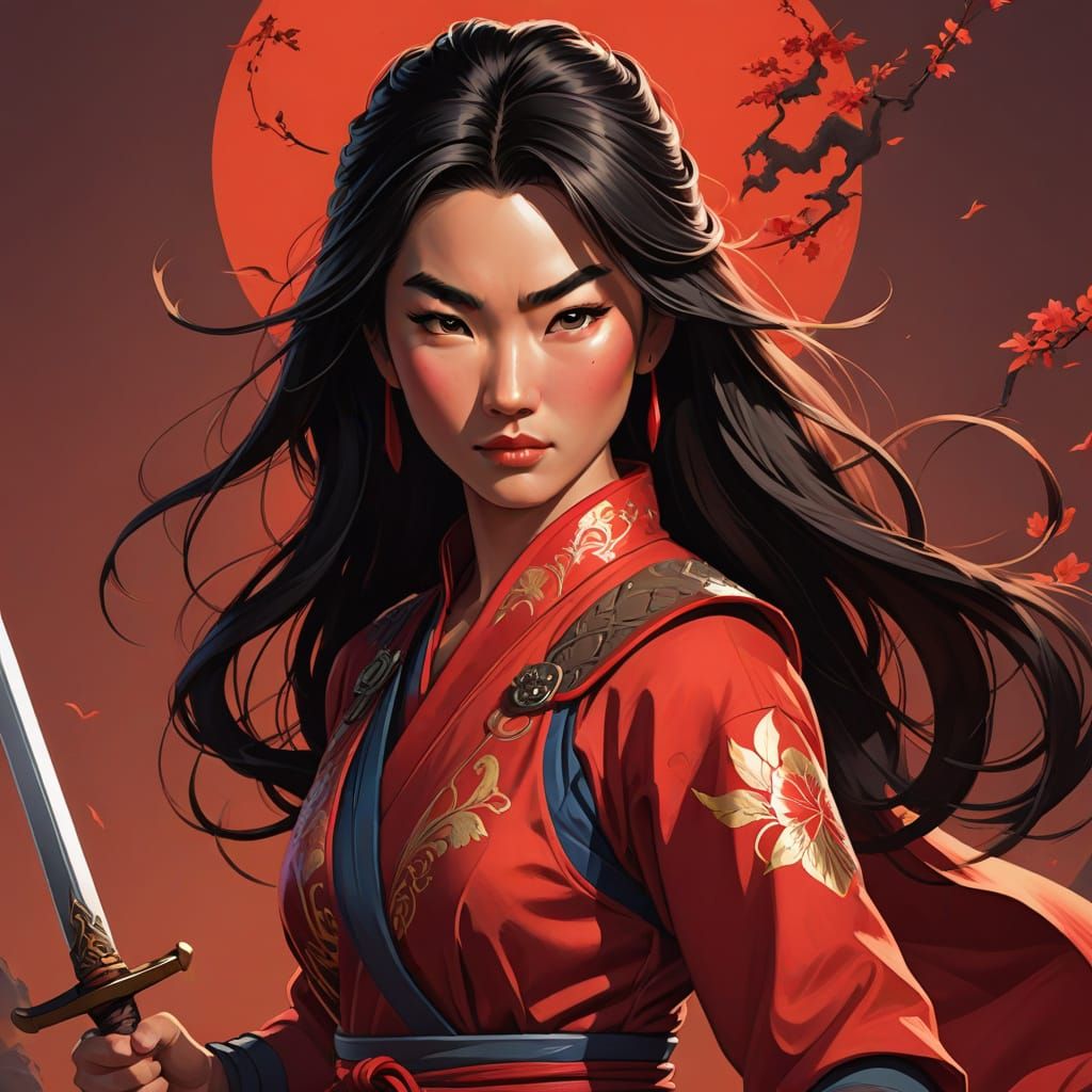 Anime Warrior with Sword in Red Dress