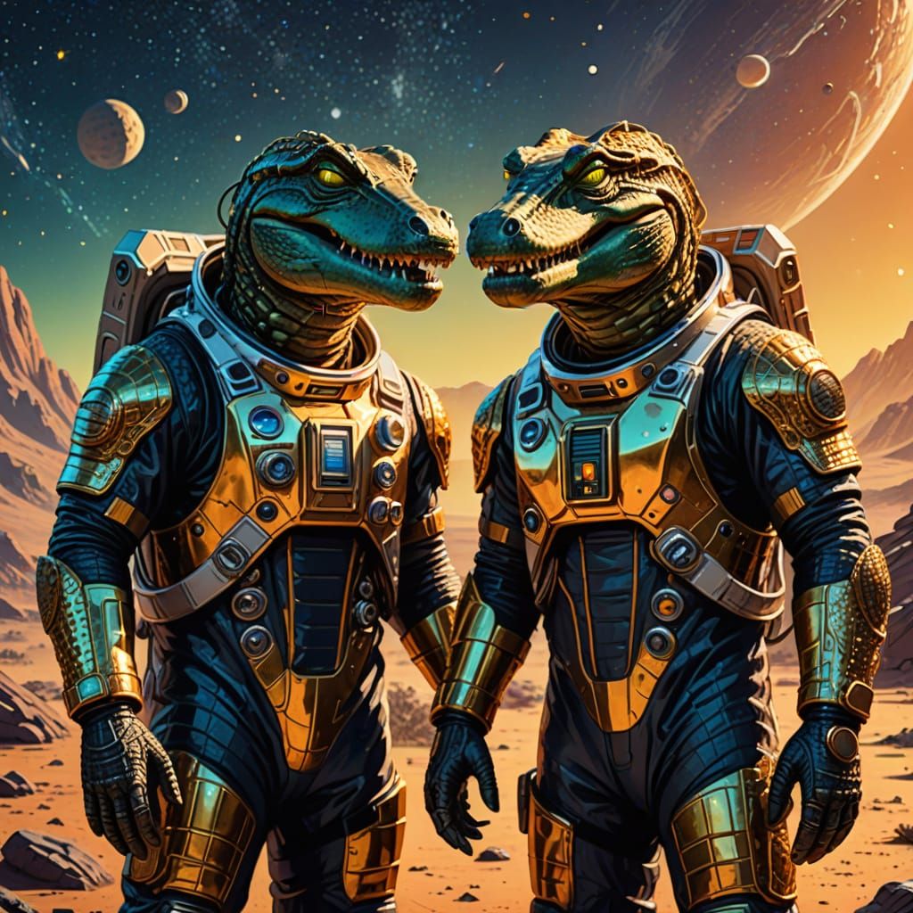 Crocodilian Astronauts Rendezvous on Alien Planet