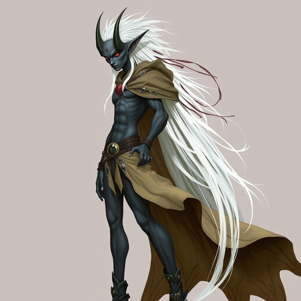 Elegant Drow Warrior with Fire Cloak, in Art Nouveau Style