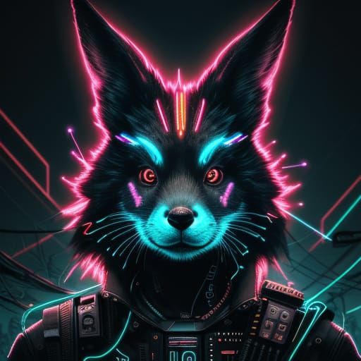 Cyberpunk Humanoid Rabbit Fox in Neon-Lit Industrial Haze