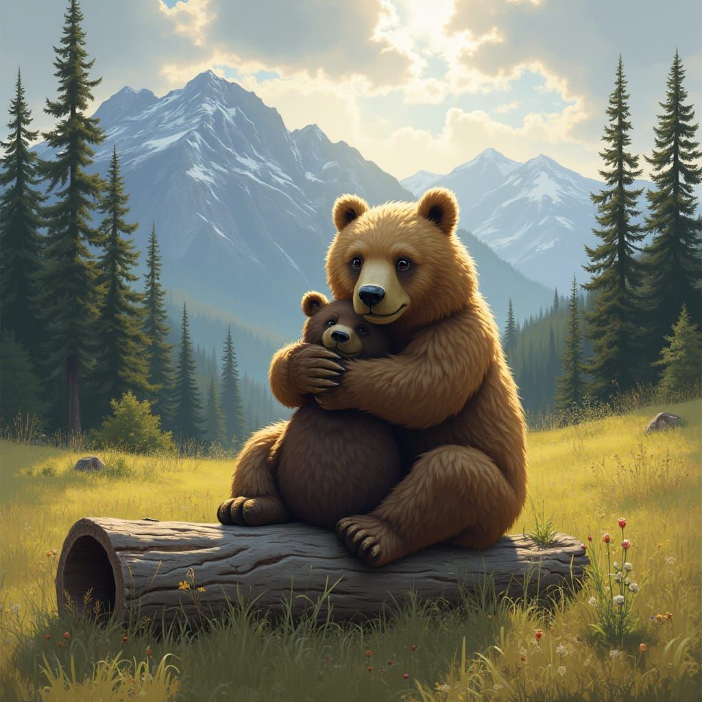 Peaceful Grizzly Bear Hug Amidst Nature's Serenity