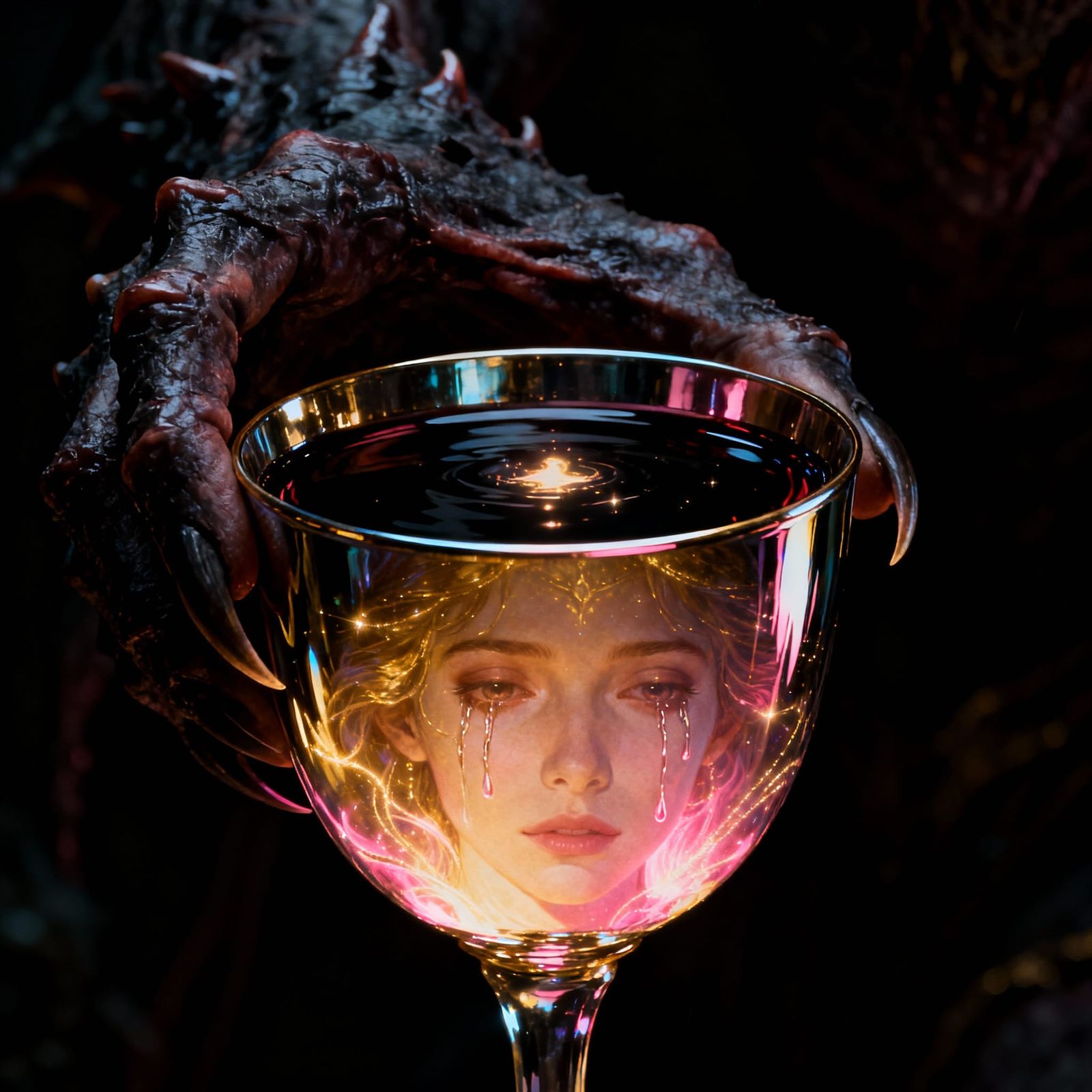 Demon Hand Holds Mother's Wishes in Reflective Cup