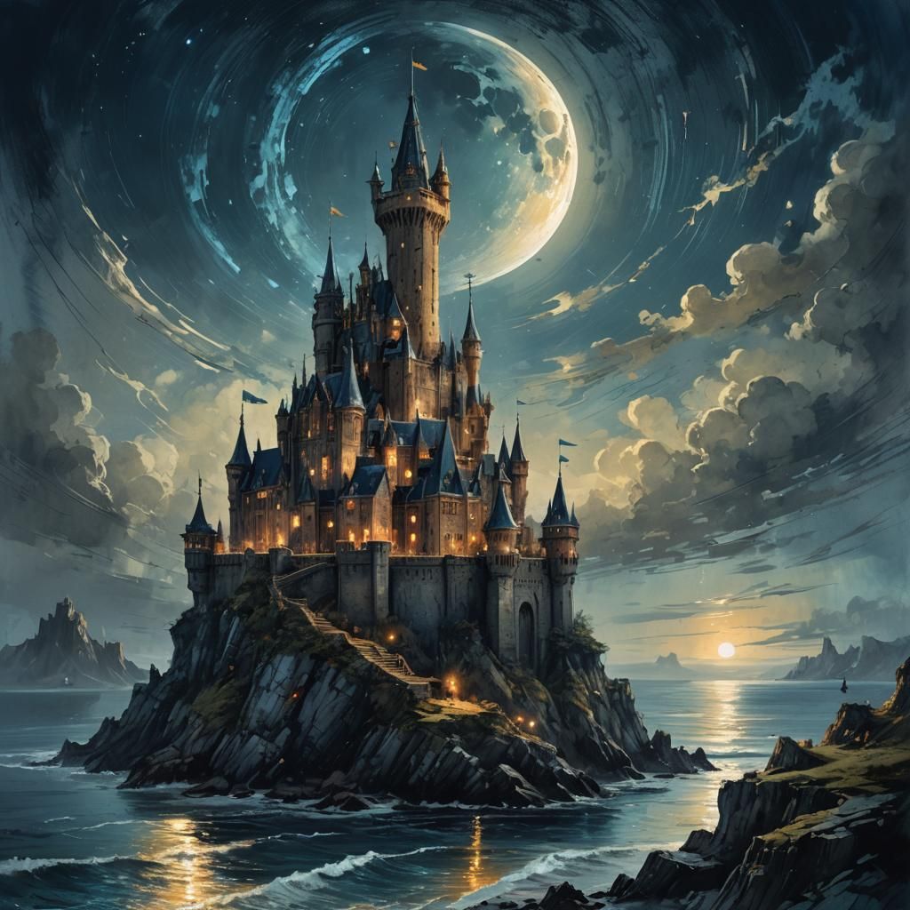 Midnight Castle Seascape in Fantasy Art Style