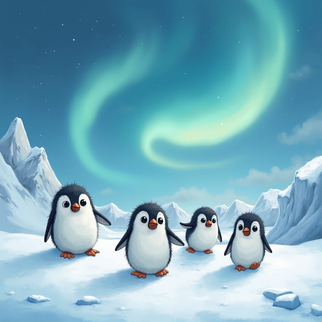 Penguin Family Under Aurora: Whimsical Illustration