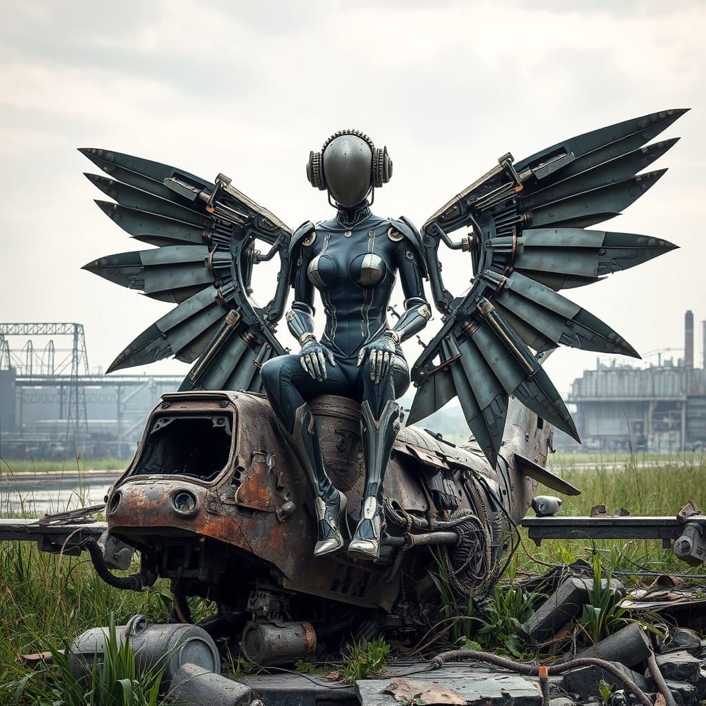 Steampunk Cyborg on Rusted Helicopter Ruins