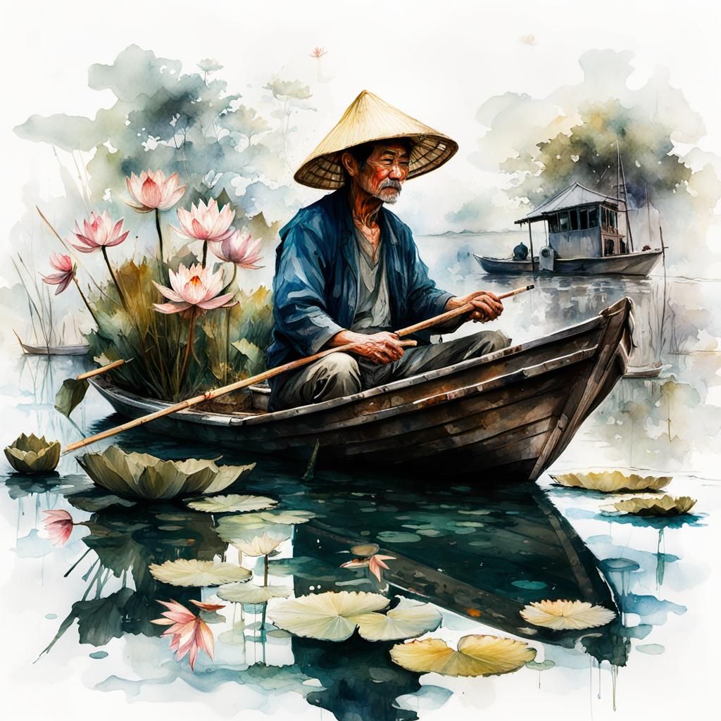 Vietnamese Fisherman in Watercolor Style With Lotuses