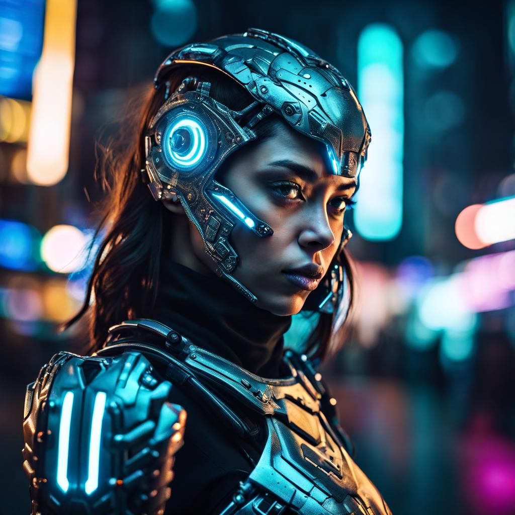 Cyborg Girl Portrait in Neon City at Night