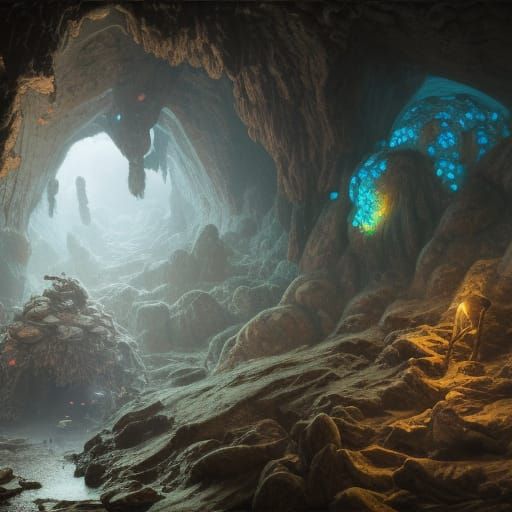 Surreal Cave Scene: Machine Milking Larvae