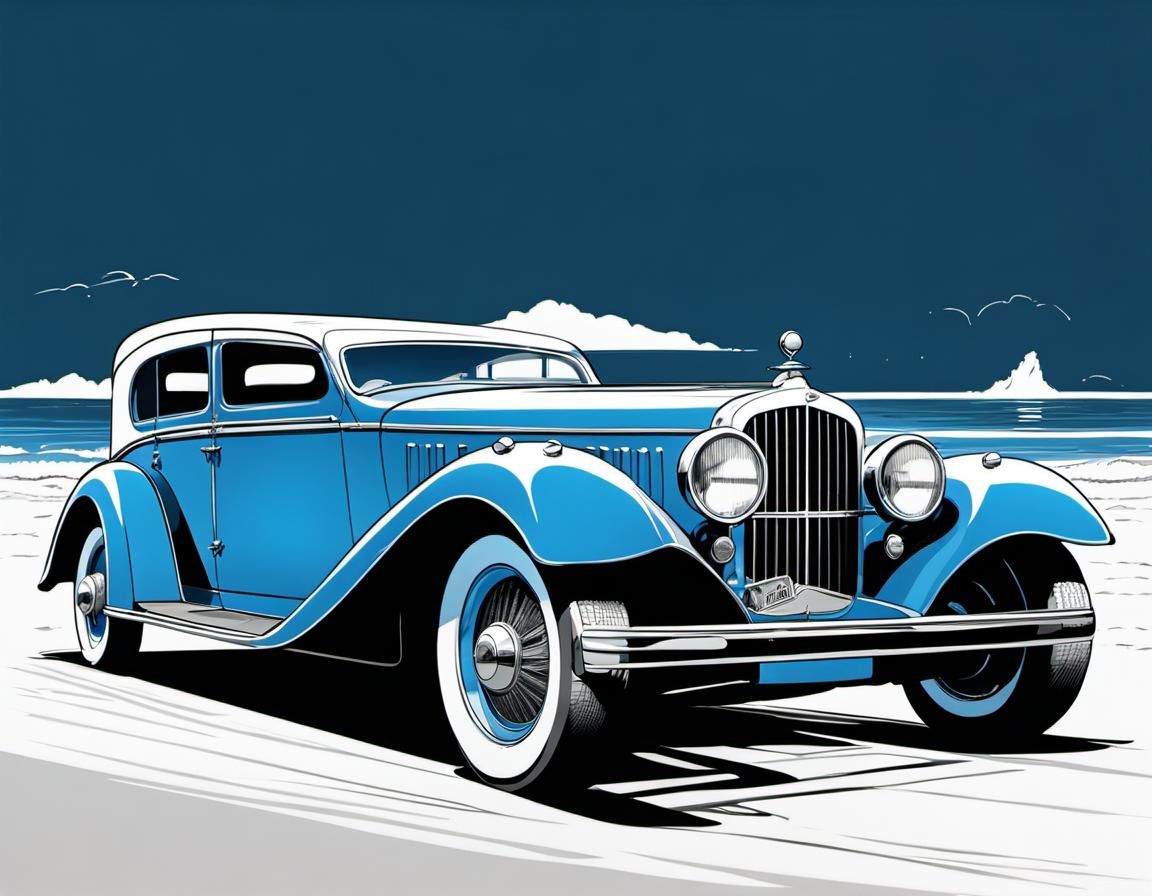 1930s Six-Wheeled Luxury Car in Manga Lineart