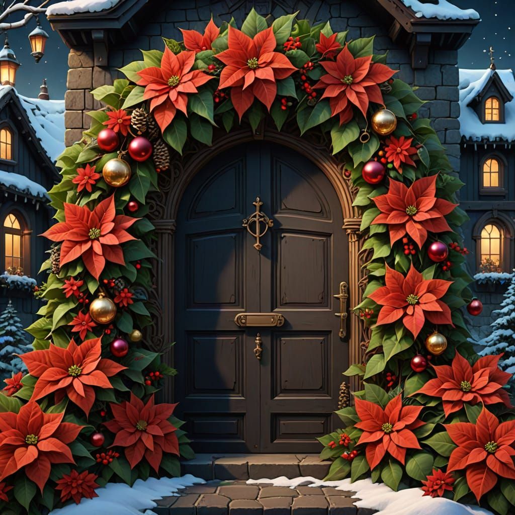 Hyperrealistic Christmas Wreath with Poinsettia Flowers in M...