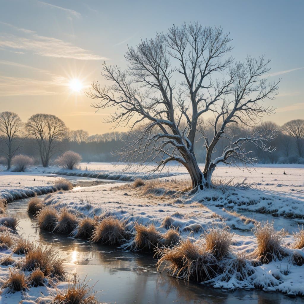 Winter Tree in Snowy Meadow with Pale Sun