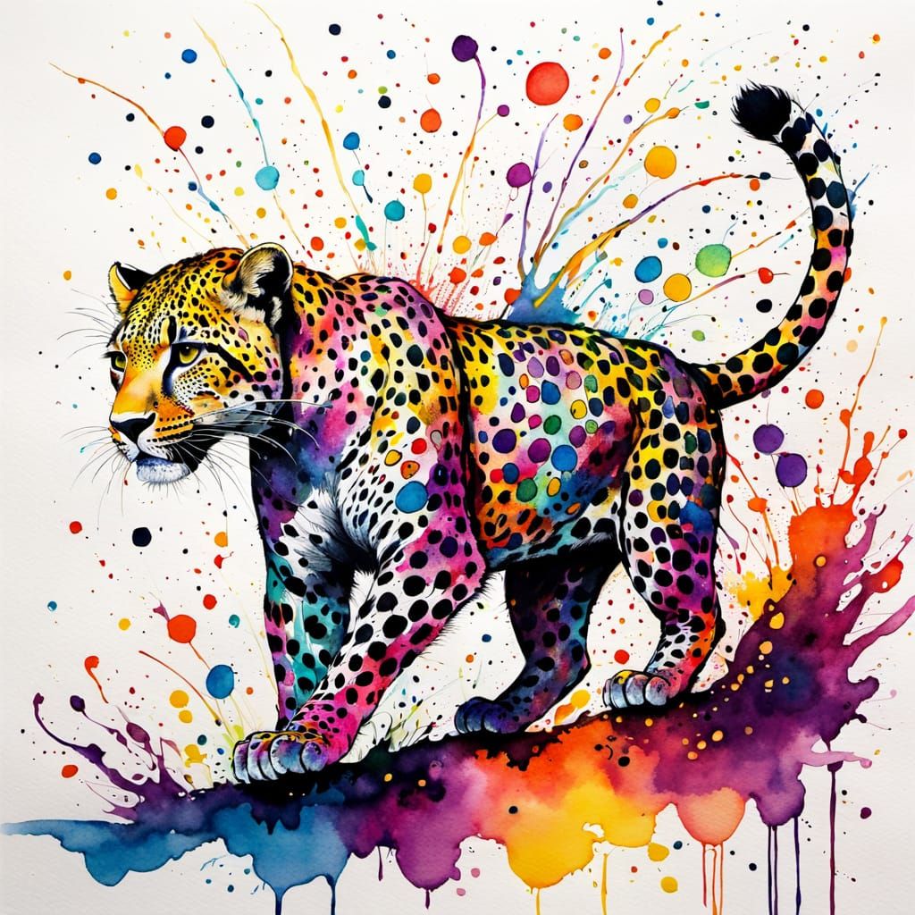 Polka Dot Leopard Leaping, in Watercolour and Ink