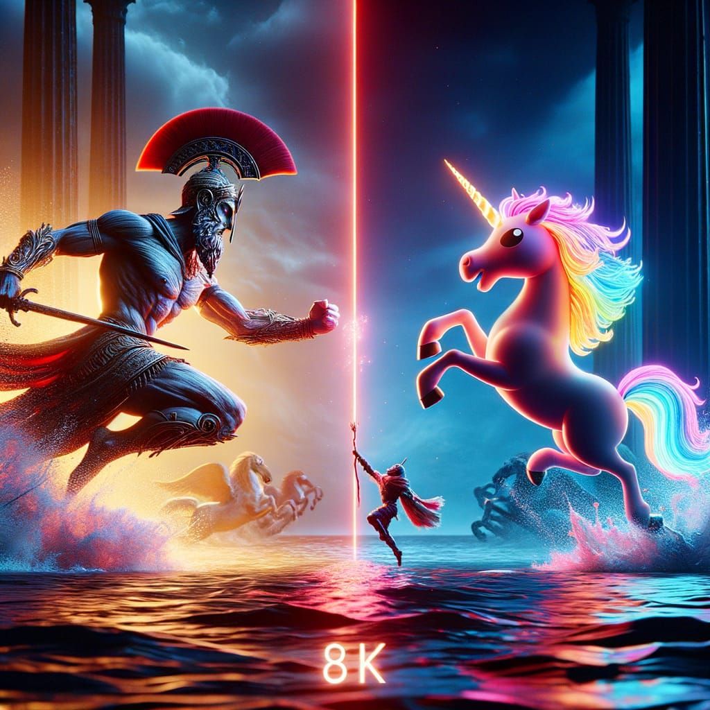 Mythical God Versus Cartoon Unicorn in Battle