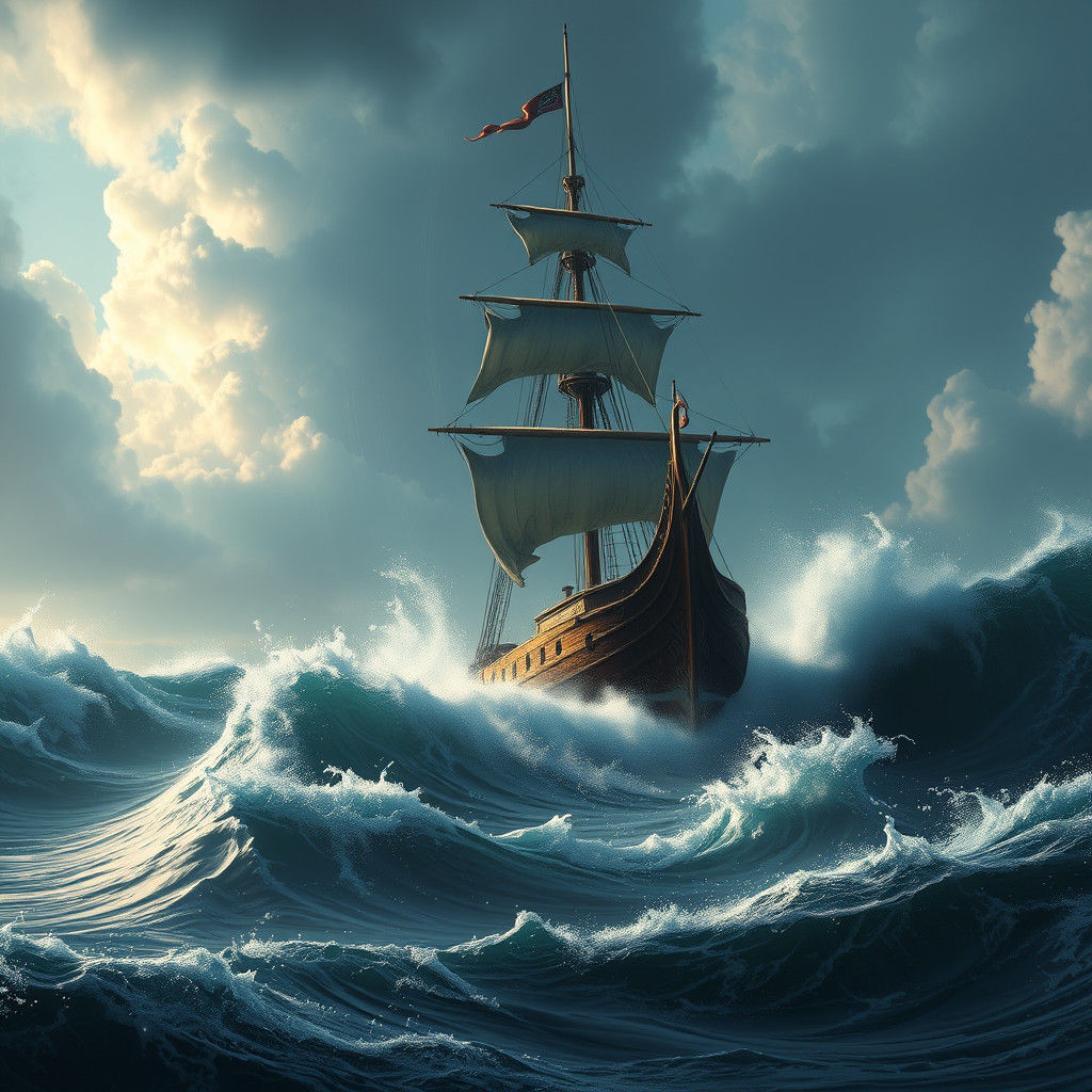 Sailing Ship on Stormy Seas: Dark Fantasy Art
