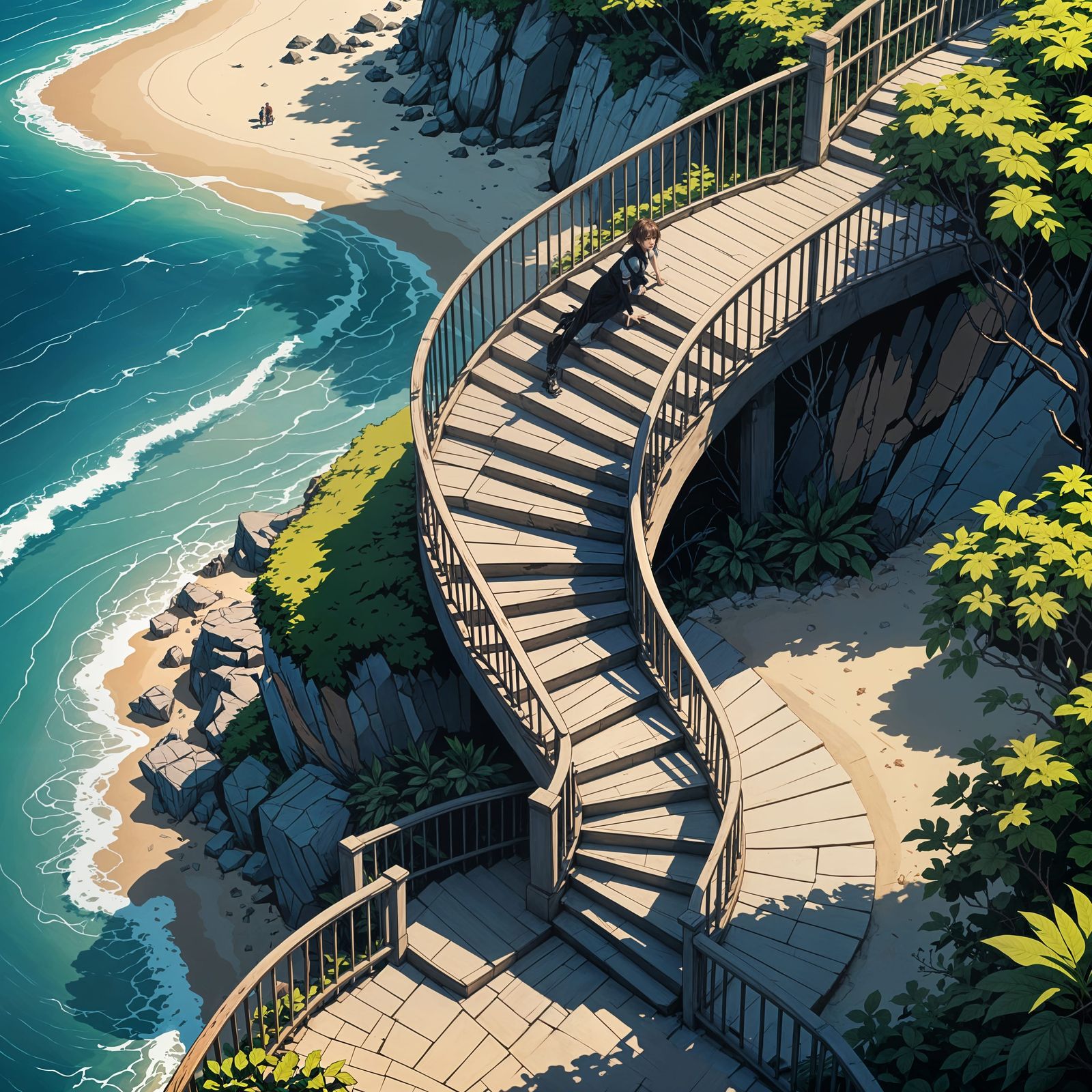 Winding Staircase to Beach in Anime Style