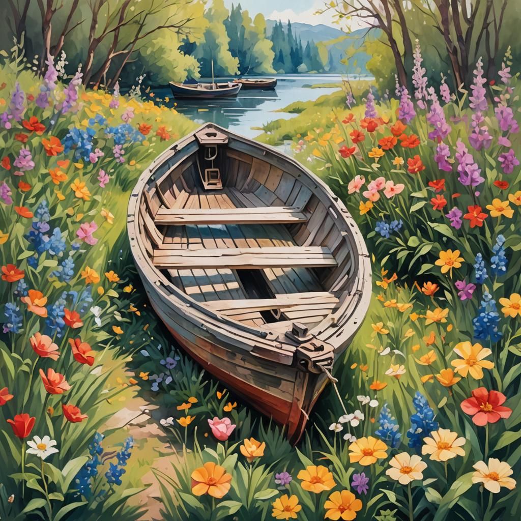 Boat Among Spring Flowers in Gouache Style