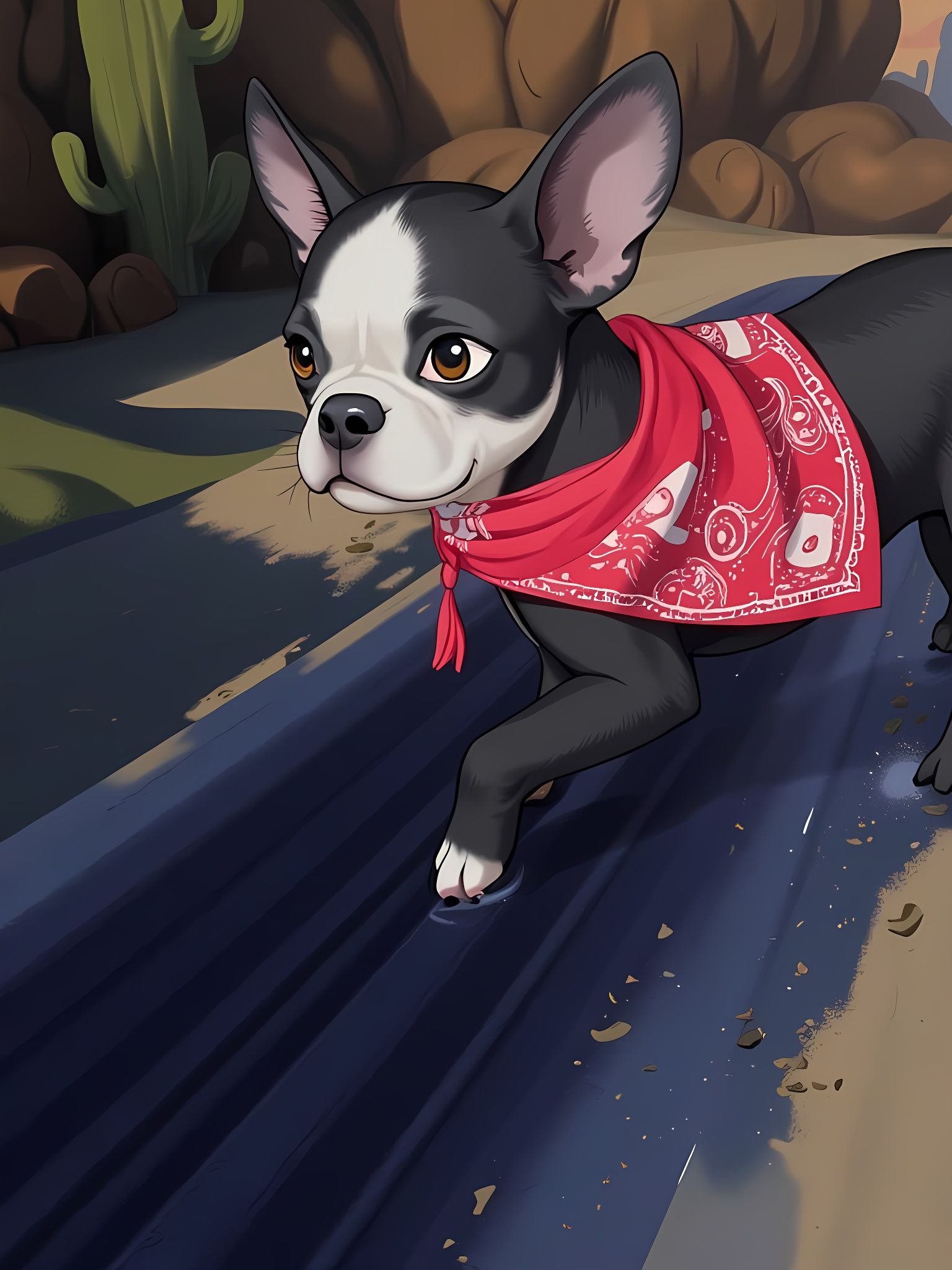 Boston Terrier in Desert Landscape, Digital Rendering in Ani...
