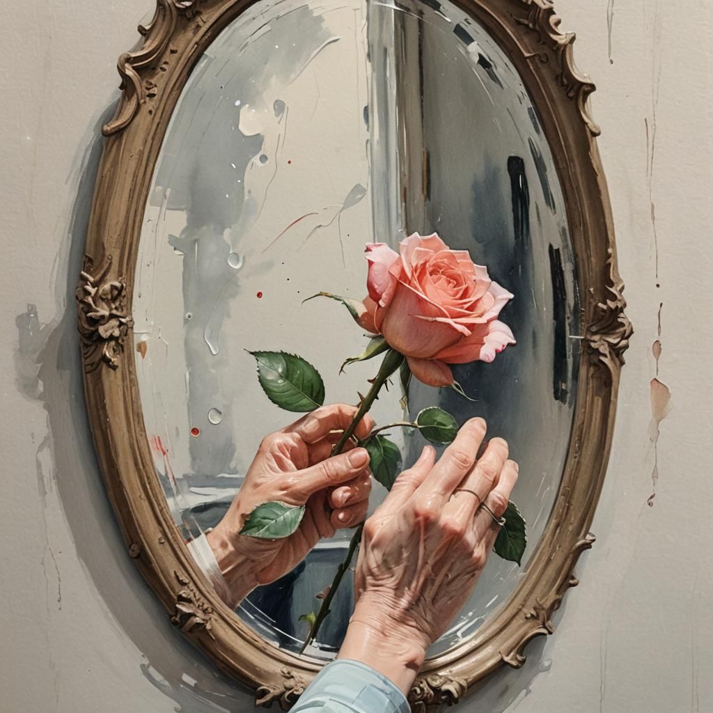 Hand Reaching Through Mirror as Post-Impressionistic Art