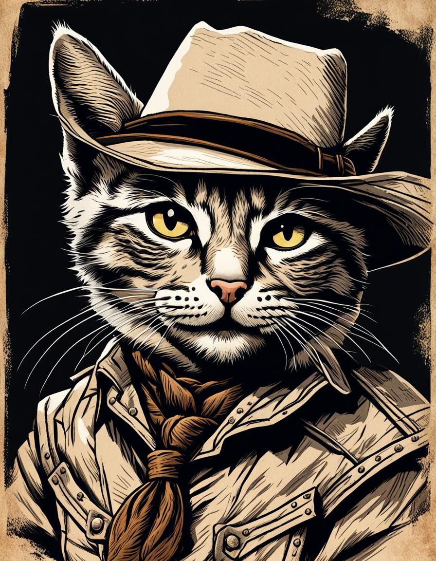 Tabby Kitten Cowboy Wanted Poster in Tenniel Style