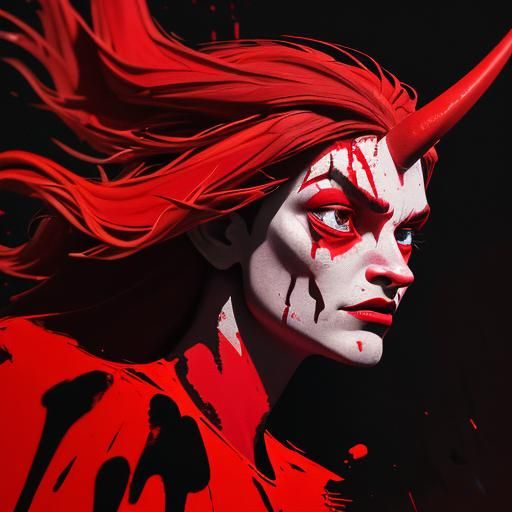 Intense Red Devil Face as Expressionist Oil Painting