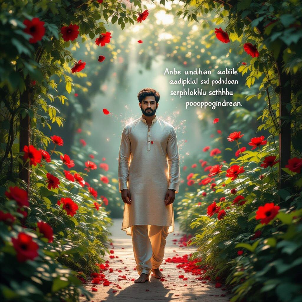 Man Dissolves into Light in Surreal Garden