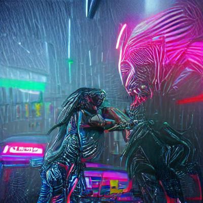Alien vs Predator in Cyberpunk Neon City