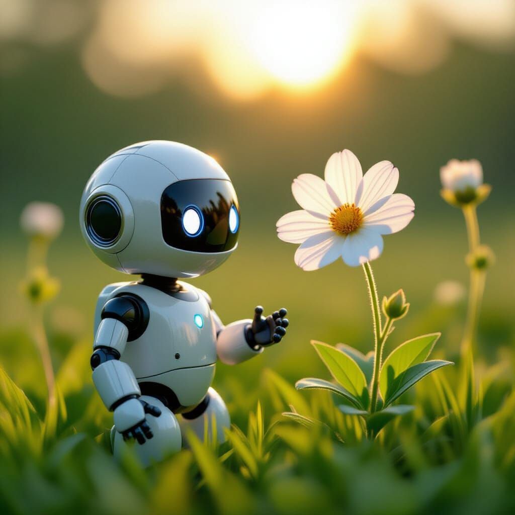 Cute Robot Observes Flower in Soft Light