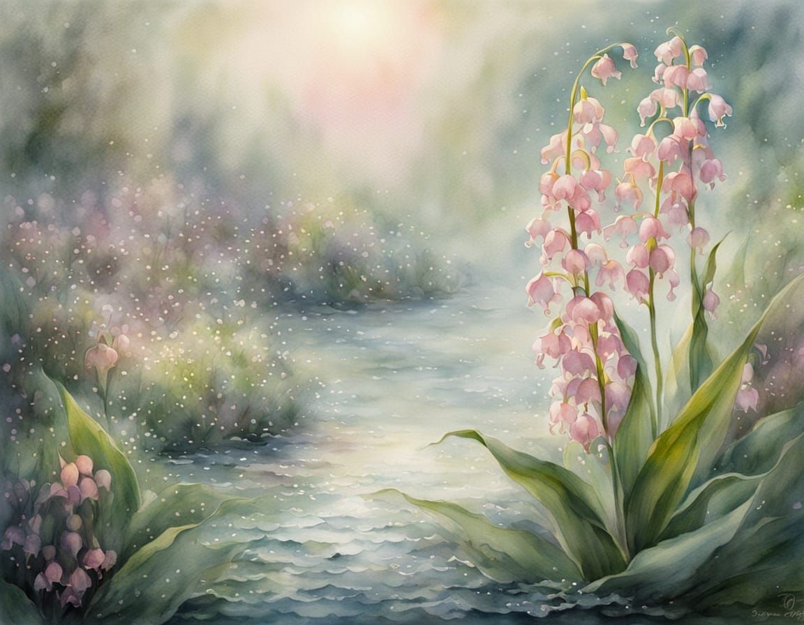 Pink Lily-of-the-Valley in Watercolor Style