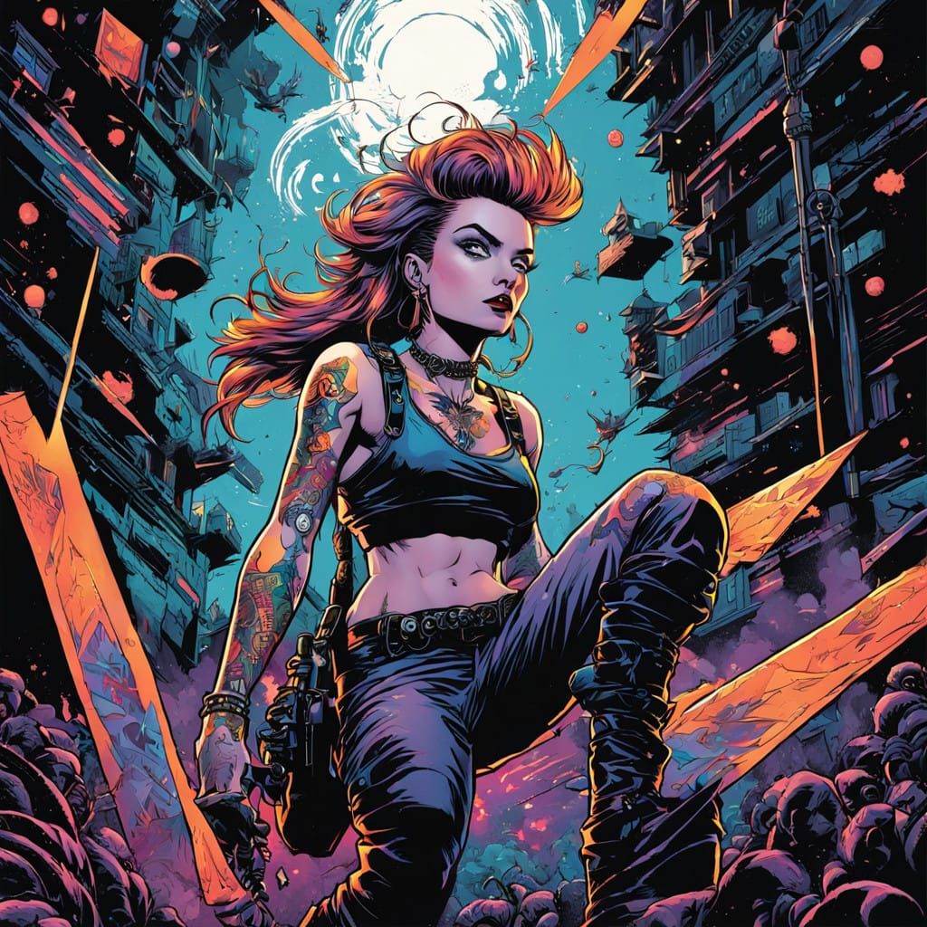 Vibrant Fantasy Punk Heroine in Bold Comic Art Style