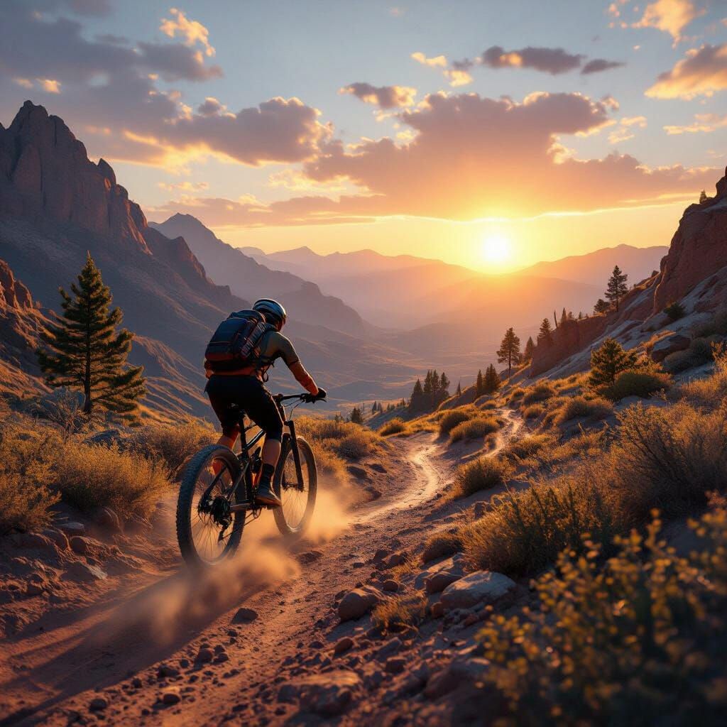 Cyclist on Rugged Trail at Sunset