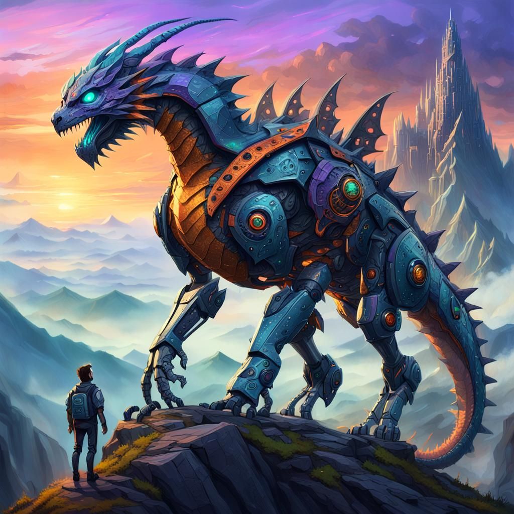 Cyberpunk Fantasy Creature Reigns on Misty Mountain Peak