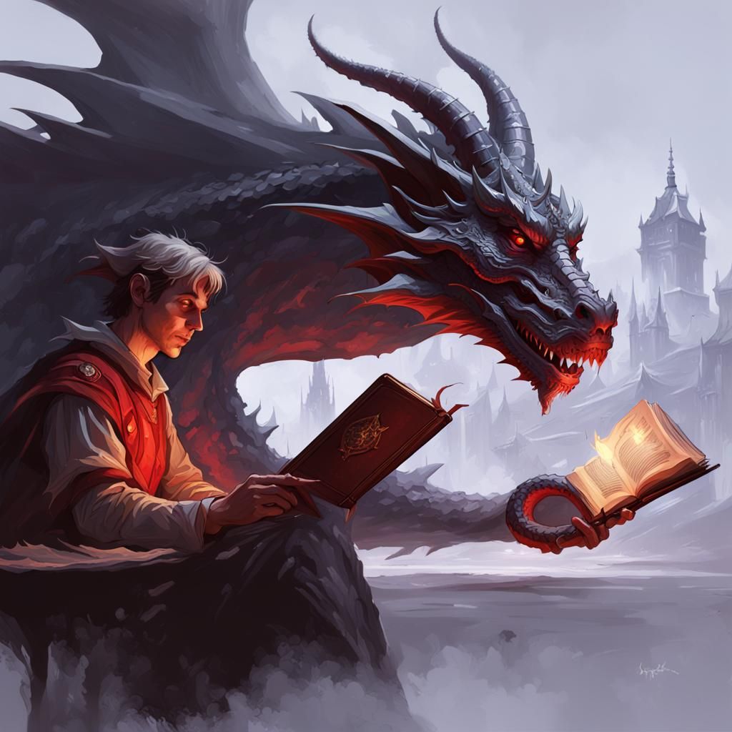 Dragon Reads Book in Dark Fantasy Style