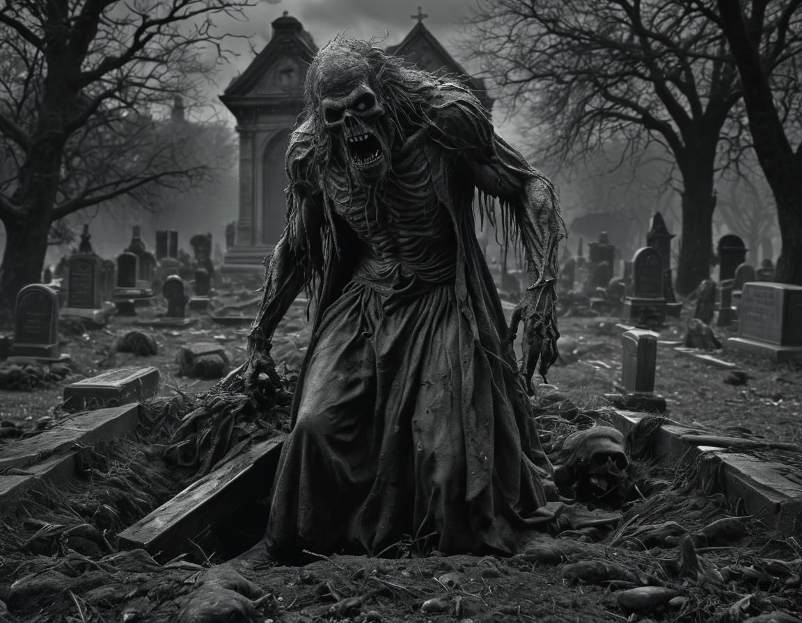 Monster Zombie Emerges from Grave in Horror Cemetery