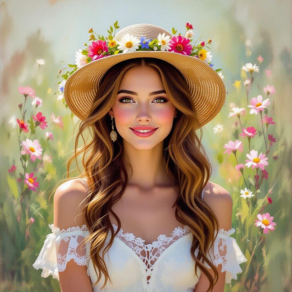 Woman with Wildflowers in Impressionistic Style