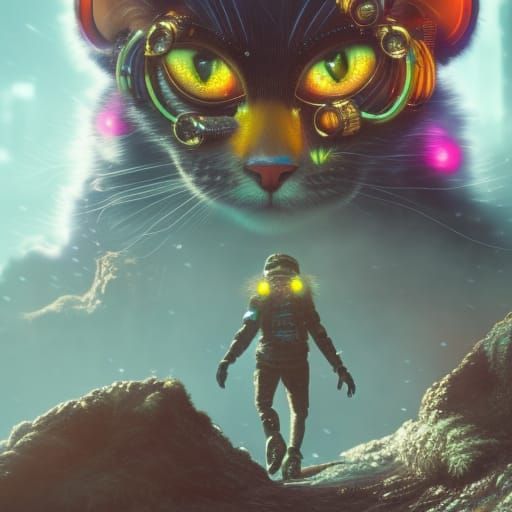 Cyberpunk Cat with Gold Accents in Neon Landscape