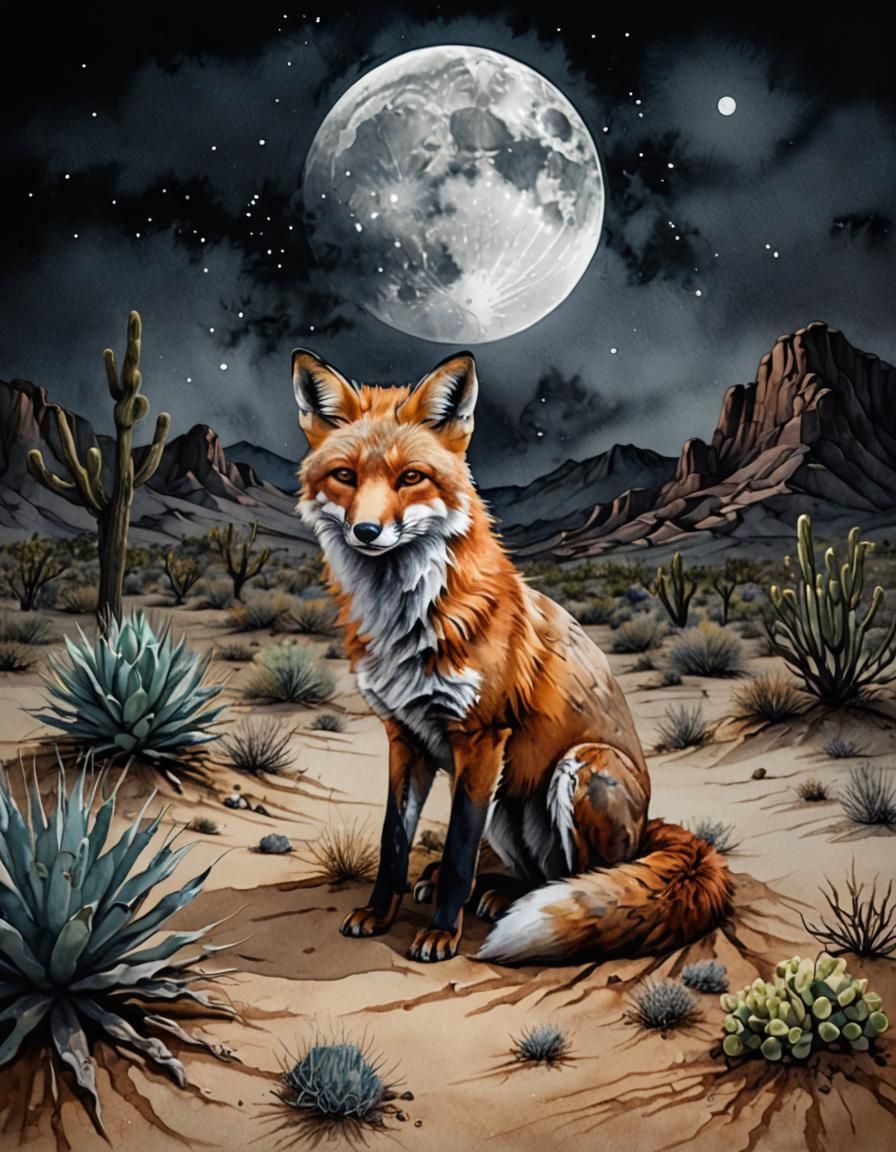 Desert Fox in Moonlight: Hyperrealistic Watercolor Painting