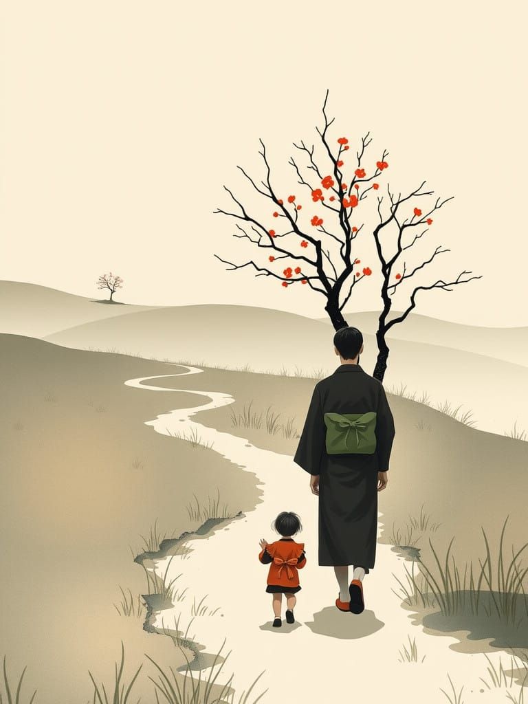 Serene Japanese Landscape with Gentle Figures and Vibrant Bl...