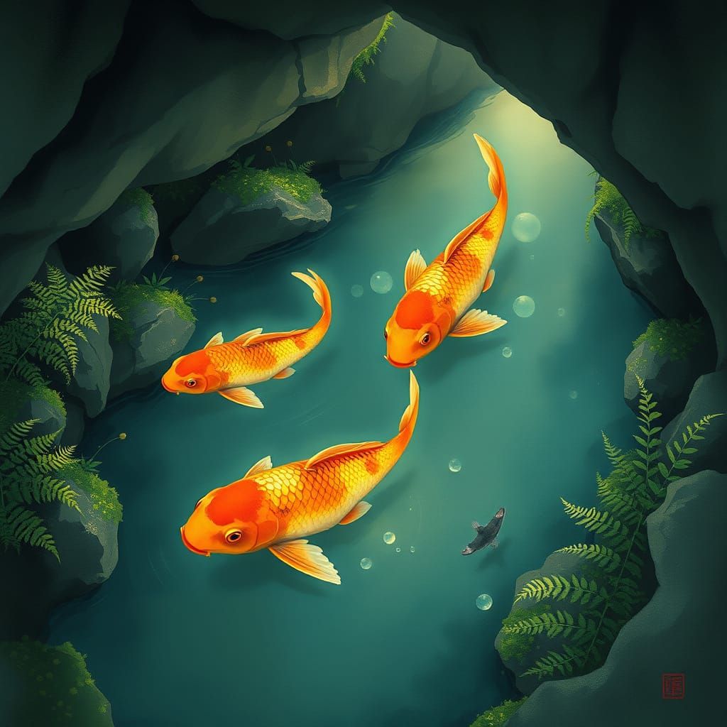 Bioluminescent Koi Fish in Grotto: Japanese Watercolor Art