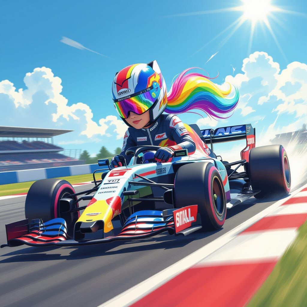 Rainbow Dash as Formula 1 Driver in Hyperrealistic Style