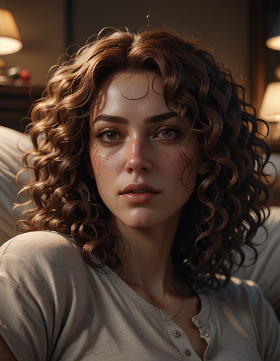 Woman with Chestnut Hair in Warm Bedroom