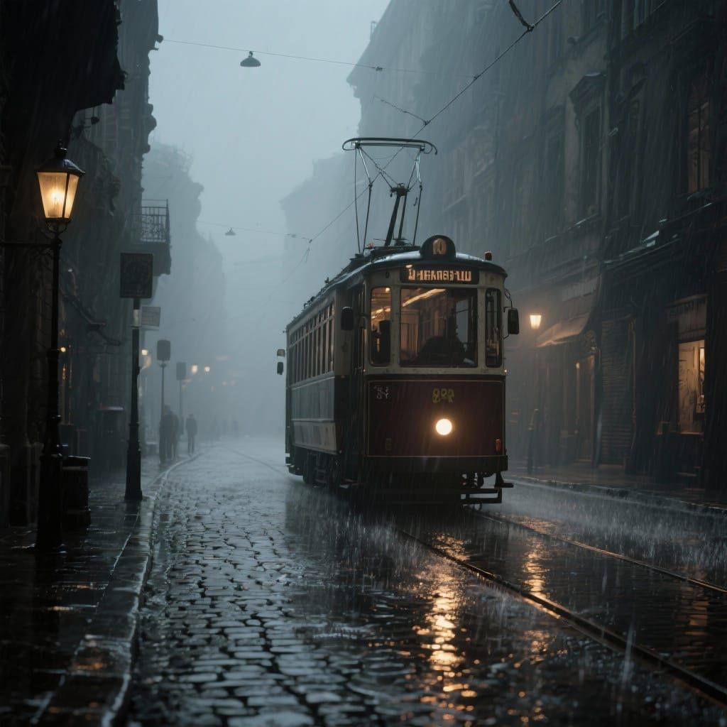 Vintage Trolleybus in Foggy European City