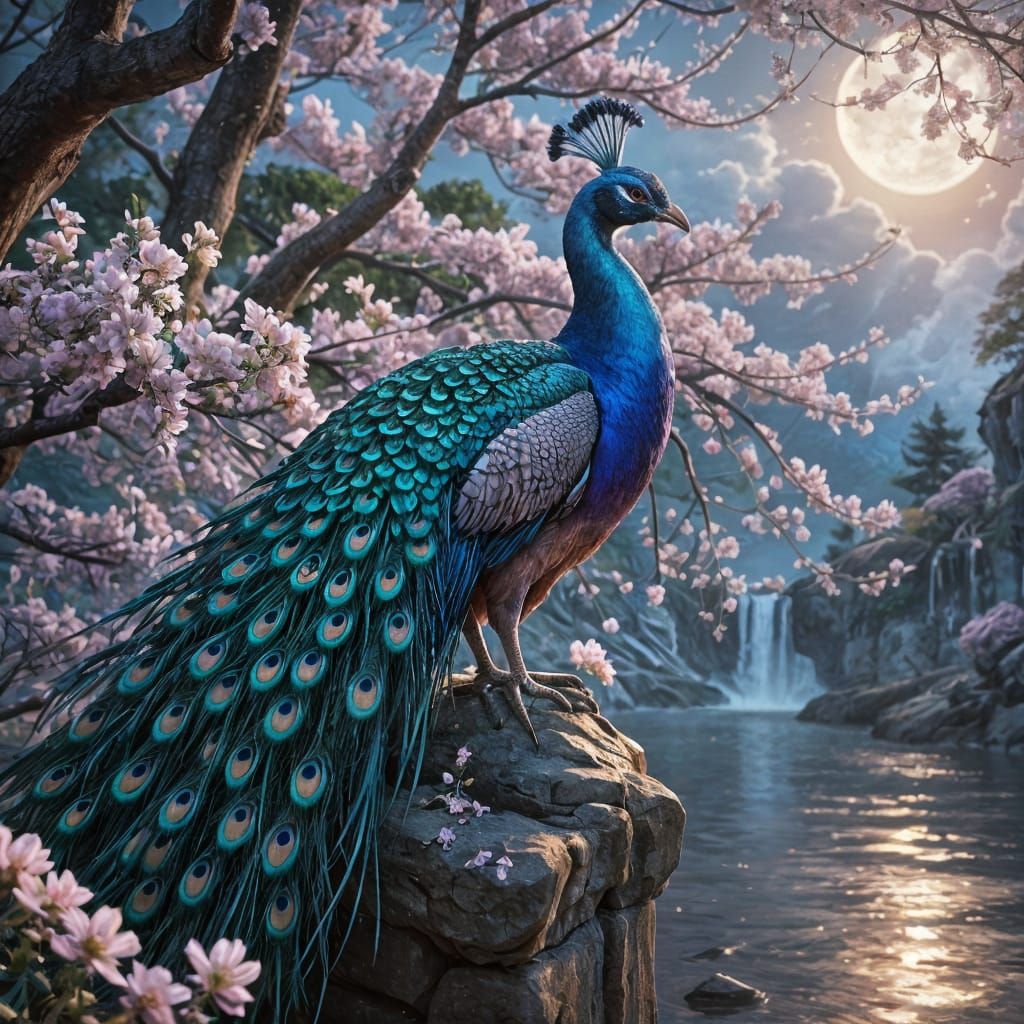 Pastel Peacock on Moonlit Ledge in Dreamlike Glow